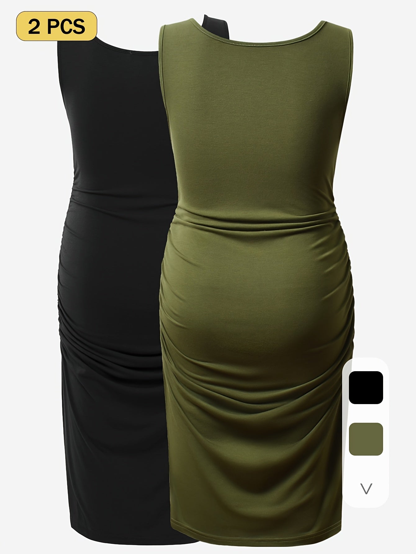 Maternity Tank Dresses - Women's Comfortable Crew-Neck Sleeveless Ruched Summer Dresses for Pregnant Women, All Seasons, Pregnancy Announcement Dresses - 2PCS