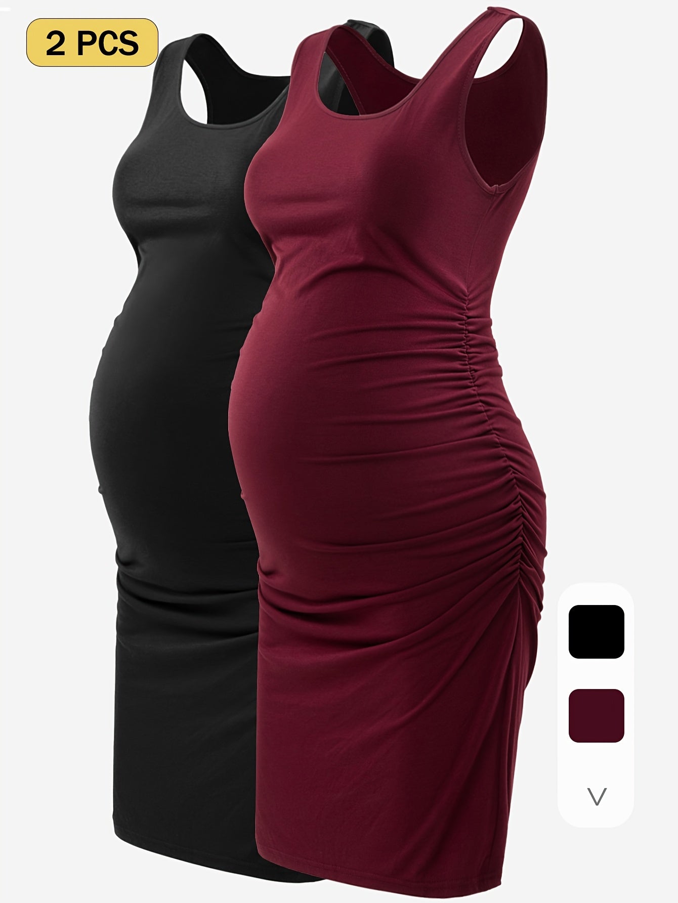 Maternity Tank Dresses - Women's Comfortable Crew-Neck Sleeveless Ruched Summer Dresses for Pregnant Women, All Seasons, Pregnancy Announcement Dresses - 2PCS