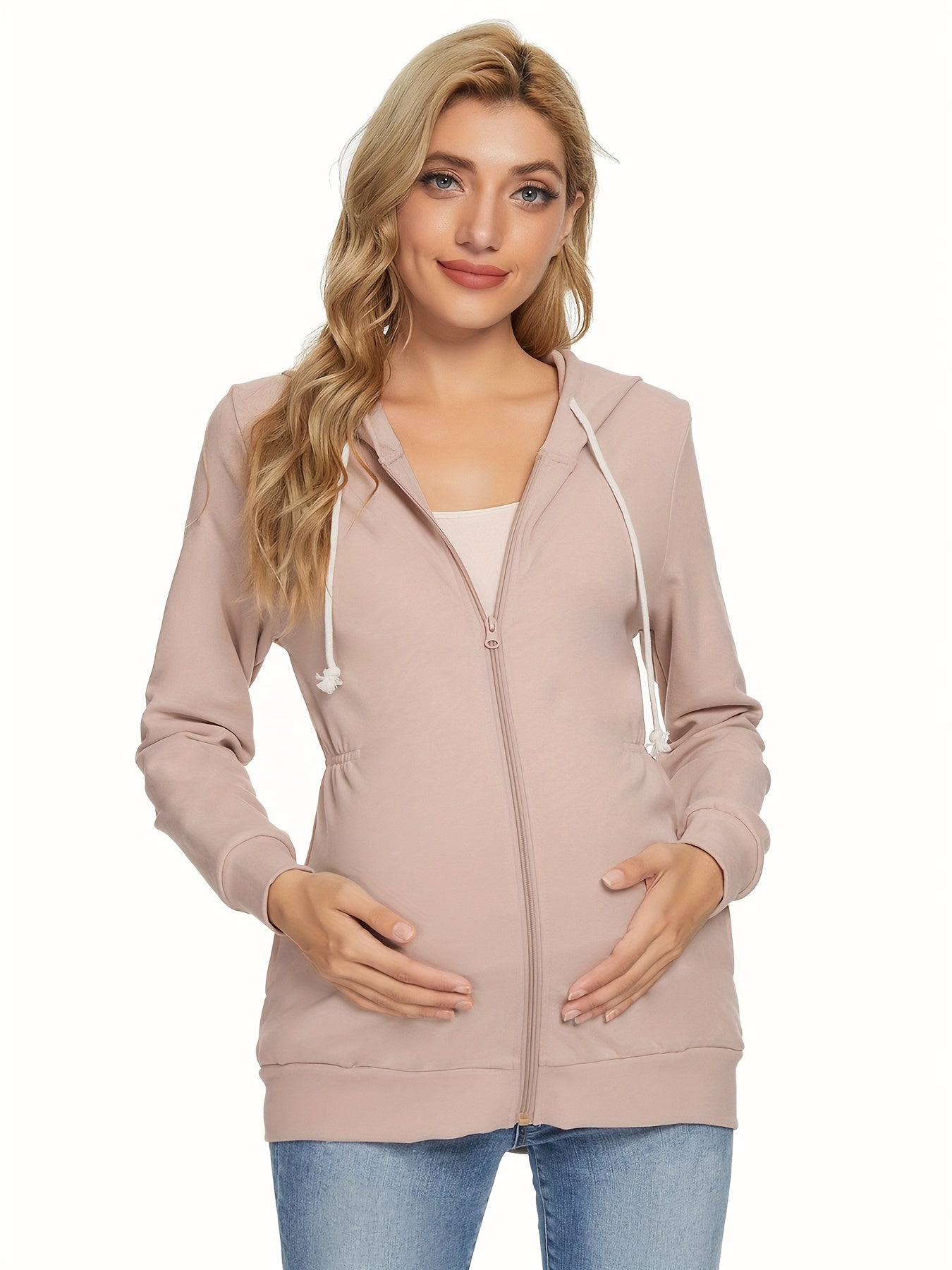 Maternity Tops Cinched-Waist Hoodie Sweatshirts Long Sleeve Pregnancy Clothes