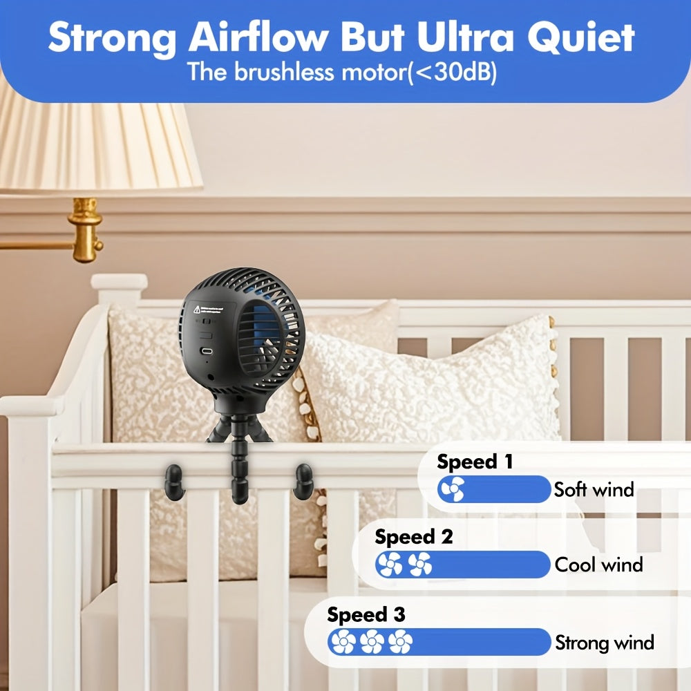 Rechargeable Portable Fan with 3 Speeds And Rotatable Handheld - Battery Powered Stroller Fan, Flexible Tripod Clip On Fan for Car Seat Crib Bike Treadmill