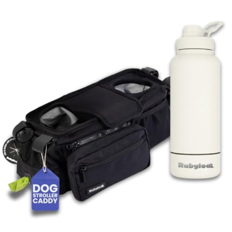 2-in-1 Dog Stroller Caddy Hydration System: Insulated Water Bottle & Bowl with Stroller Organizer - Leakproof Stainless Bottle, Poop Dispenser, Treat Pocket & Cup Holders - Compatible for dog strollers (Walks, Hikes, Park)