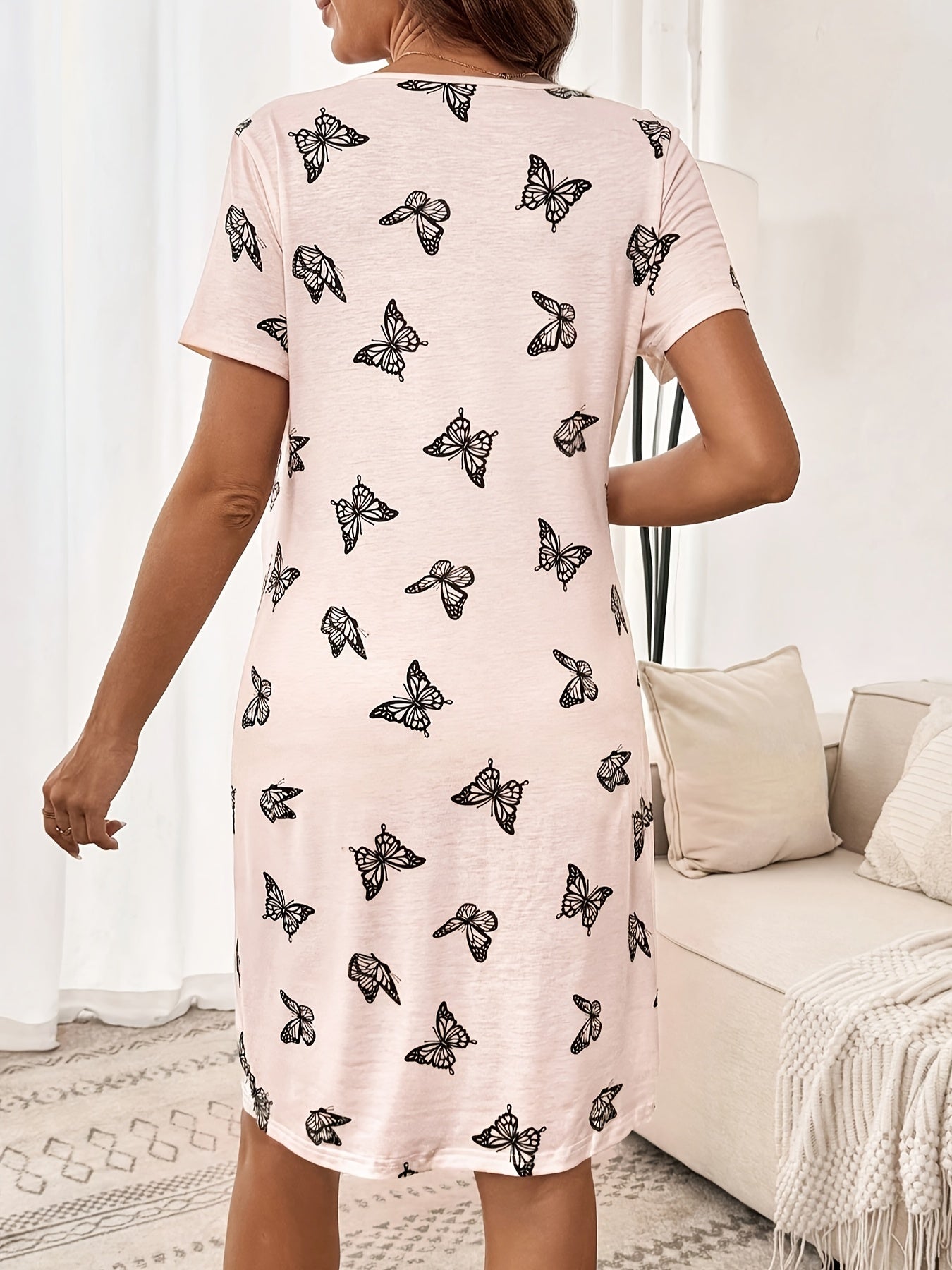 Maternity Nightgown - Purple Butterfly & Pink Moon Star Print Short Sleeve Button-Front Sleep Dress, Machine Washable Regular Fit Pajamas for Pregnancy & Nighttime Comfort, Maternity Clothes