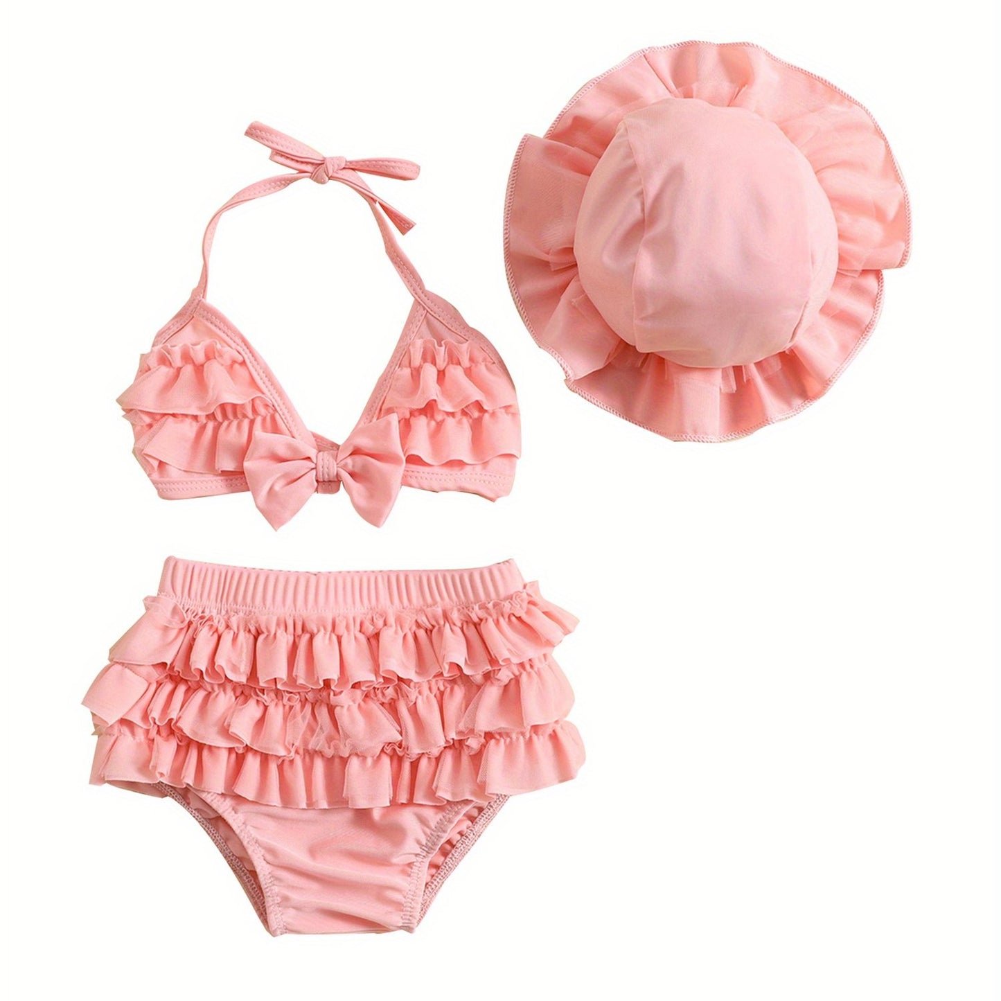 (3-36M) Baby Girls Summer Swimwear Outfit Sets Hanging Neck Tops + Layered Ruffle Shorts + Hat 2pcs bathing suit
