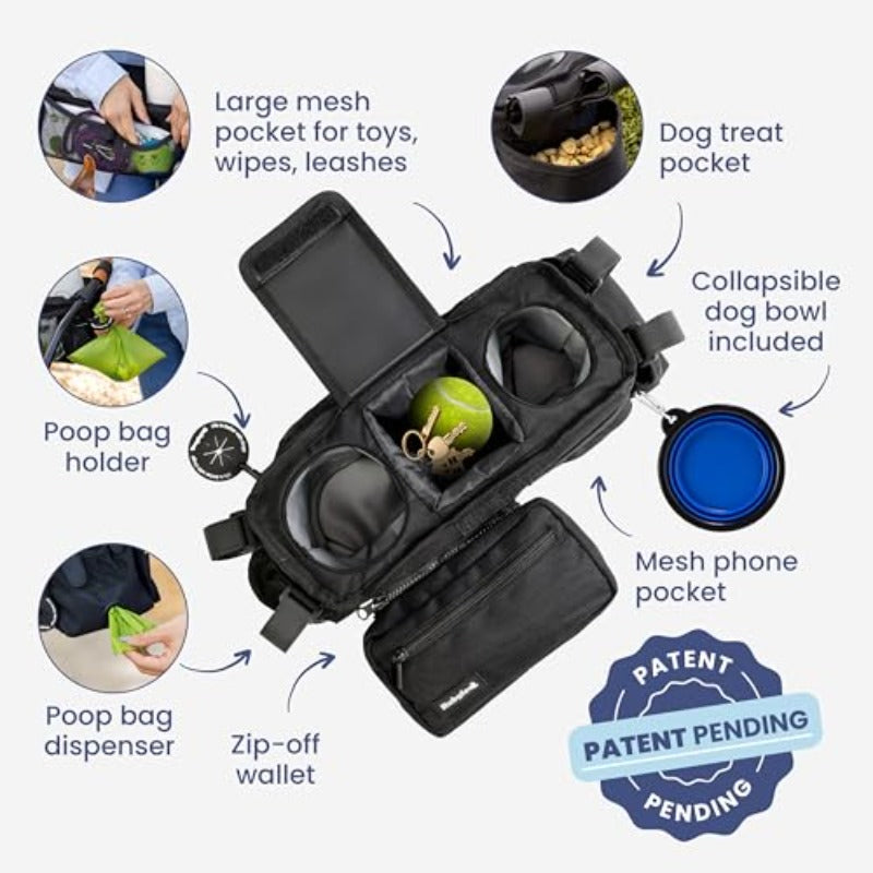 2-in-1 Dog Stroller Caddy Hydration System: Insulated Water Bottle & Bowl with Stroller Organizer - Leakproof Stainless Bottle, Poop Dispenser, Treat Pocket & Cup Holders - Compatible for dog strollers (Walks, Hikes, Park)