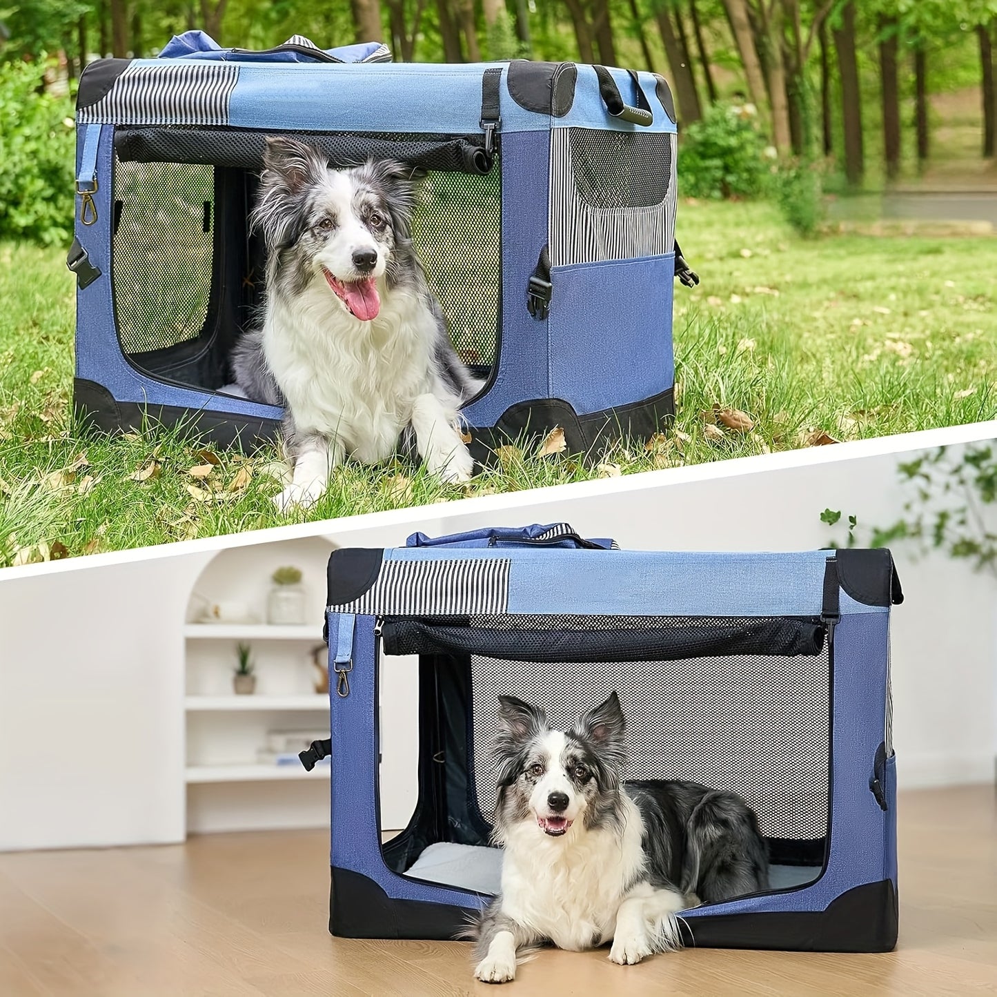 Nomipaw Pet Soft Collapsible Dog Crate - 26/30/36 Inch Portable Travel Dog Crate for Medium/Large Dogs Indoor & Outdoor, 3-Door Pet Crate with Durable Mesh Windows & Storage Bag, Blue