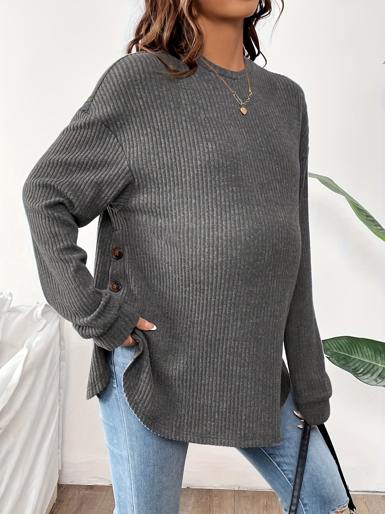 Maternity Long Sleeve Lined Knit Pullover Top With Adjustable Buttons, Round Neck, Perfect For Daily Wear AutumnWinter