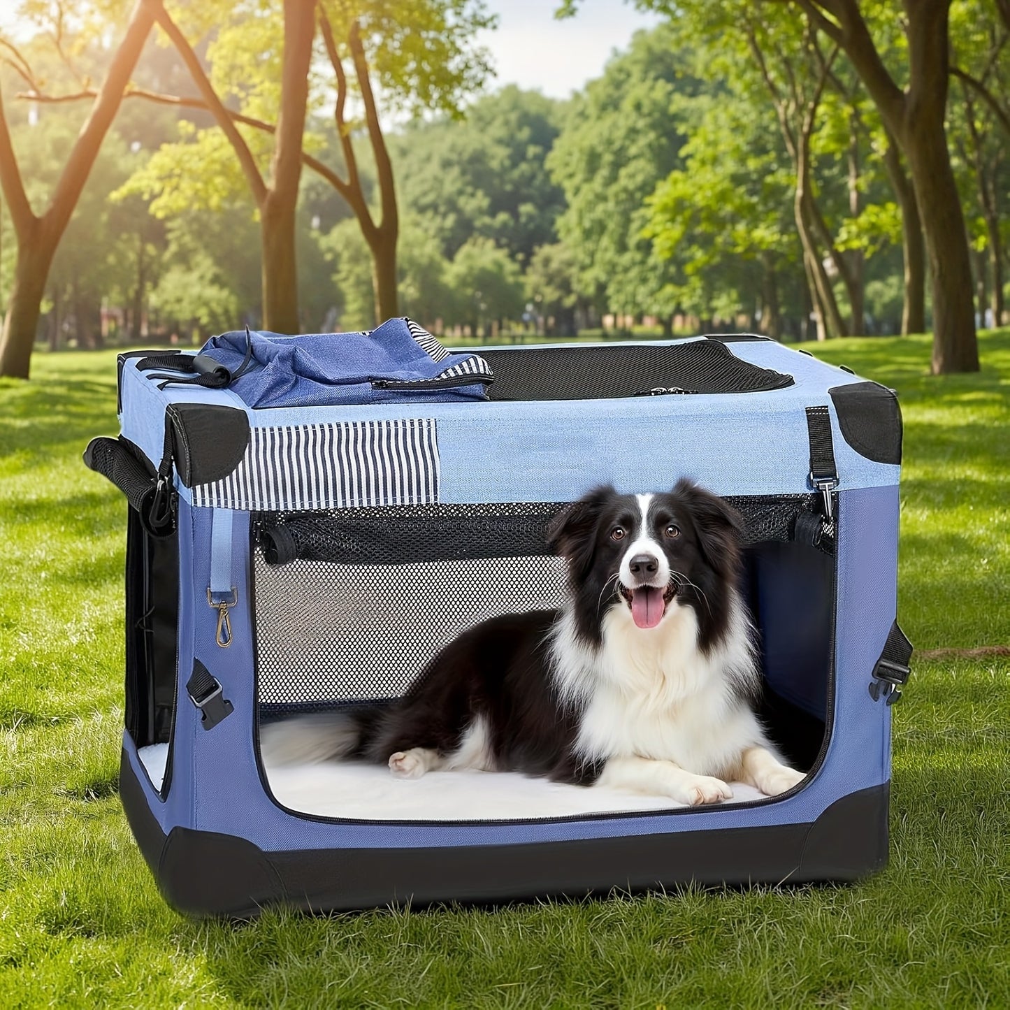 Nomipaw Pet Soft Collapsible Dog Crate - 26/30/36 Inch Portable Travel Dog Crate for Medium/Large Dogs Indoor & Outdoor, 3-Door Pet Crate with Durable Mesh Windows & Storage Bag, Blue