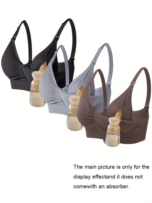 Nursing Breastfeeding Bra - Solid Color Removable Padding Comfortable Breathable Seamless Adjustable Straps - 3 Color, 3-Pack
