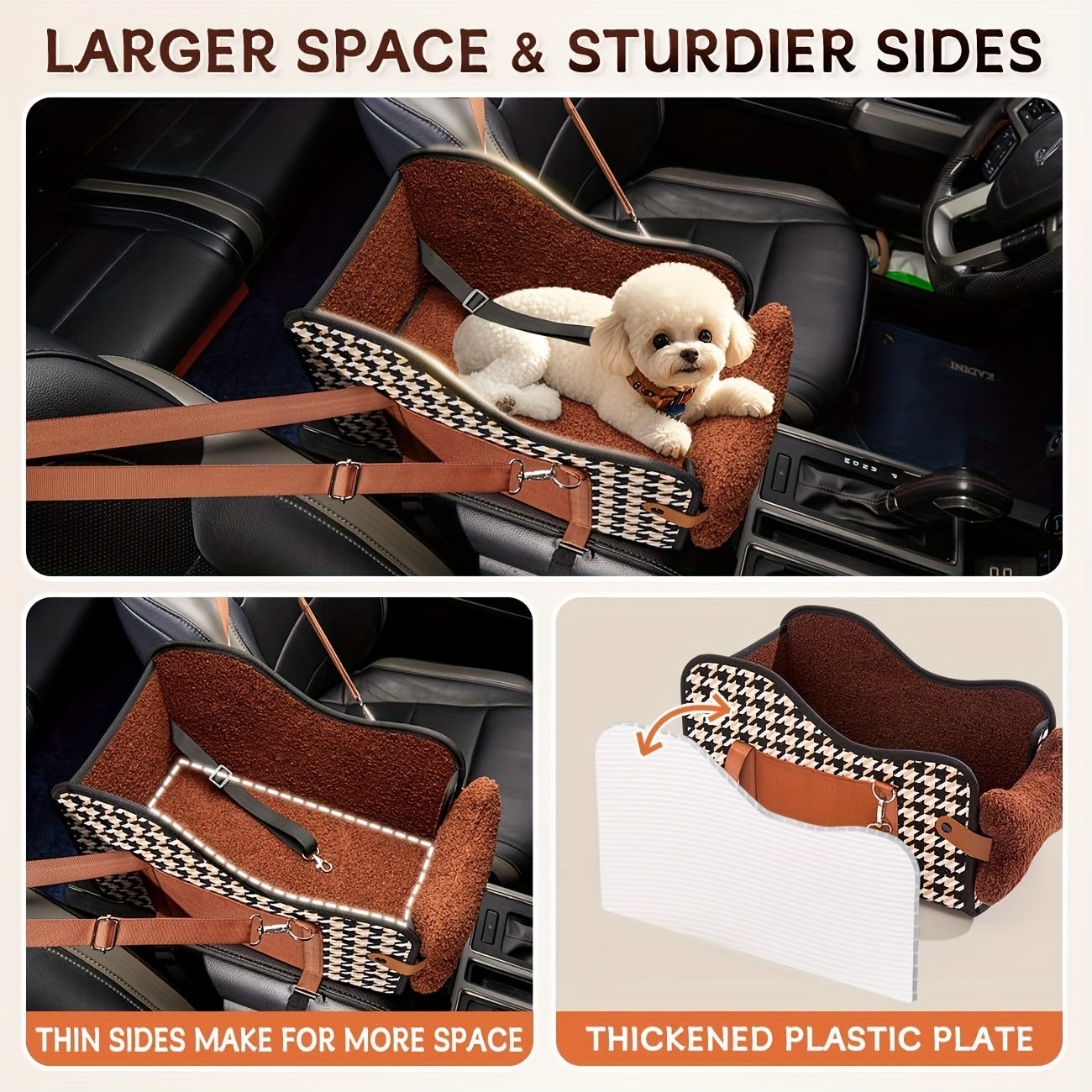 Comfortable Central Console Small/ Medium Dog/Cat Car Seat holds up to 12lbs/ 13.5in, Portable Cozy Booster Car Seat, Deluxe Pet Car Seat for Dogs & Cats with Safety Harness, Breathable Mesh & Soft Padding - for Safe & Comfor