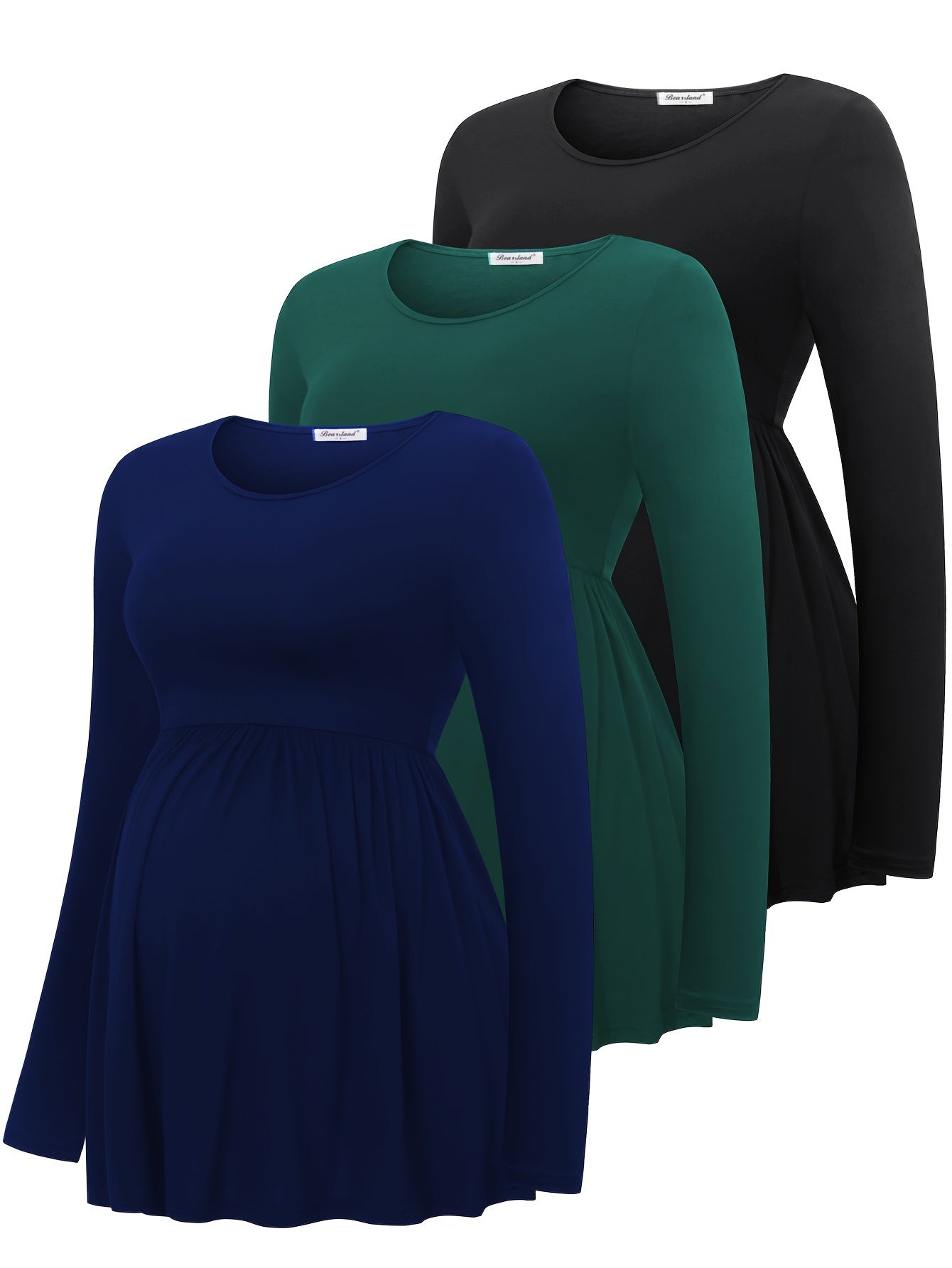Maternity Long-Sleeve T-Shirts, Round Neck, Loose-Fitting, Comfortable Pregnancy Base Layer - Three-Pack Autumn/Winter