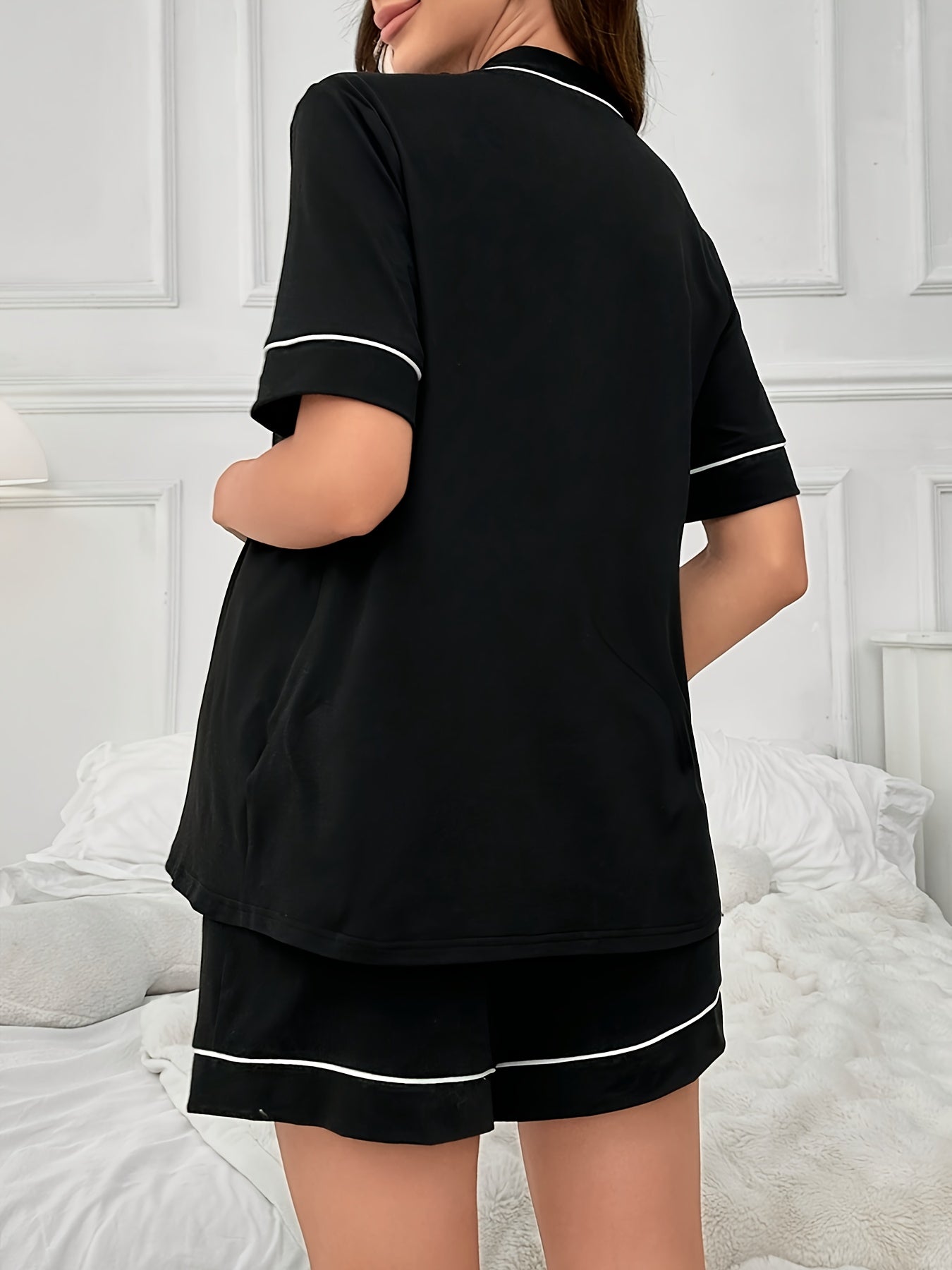 Maternity Outfit with Color Block Letter Embroidery Front Open Short Sleeve Top and Shorts Set