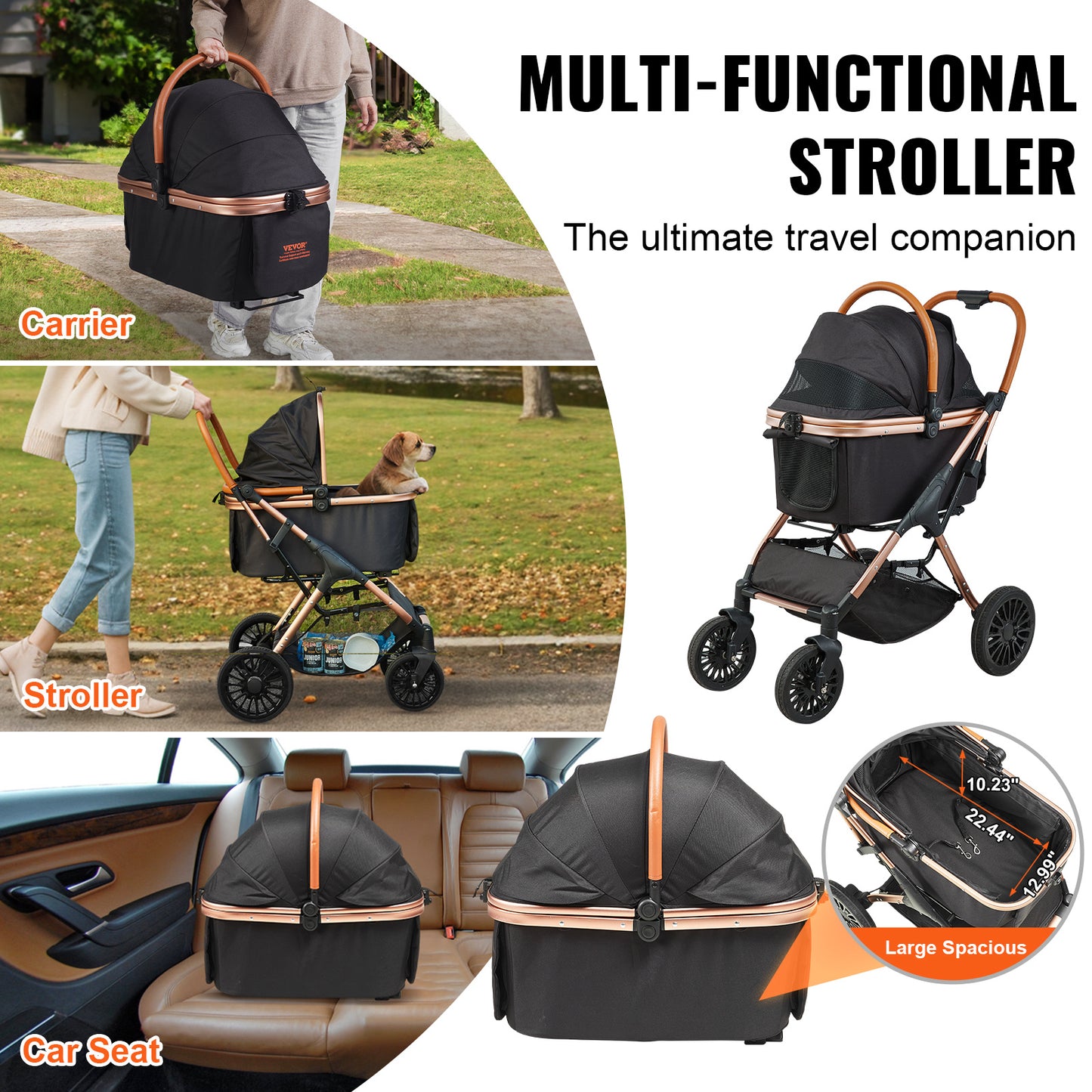 VEVOR Pet Stroller, 3/4 Wheels Dog Stroller Rotate with Brakes, 66/75 lbs Weight Capacity, Puppy Stroller with Detachable Carrier, Storage Basket and Pet Pad, for Small to Medium Sized Dogs, Black