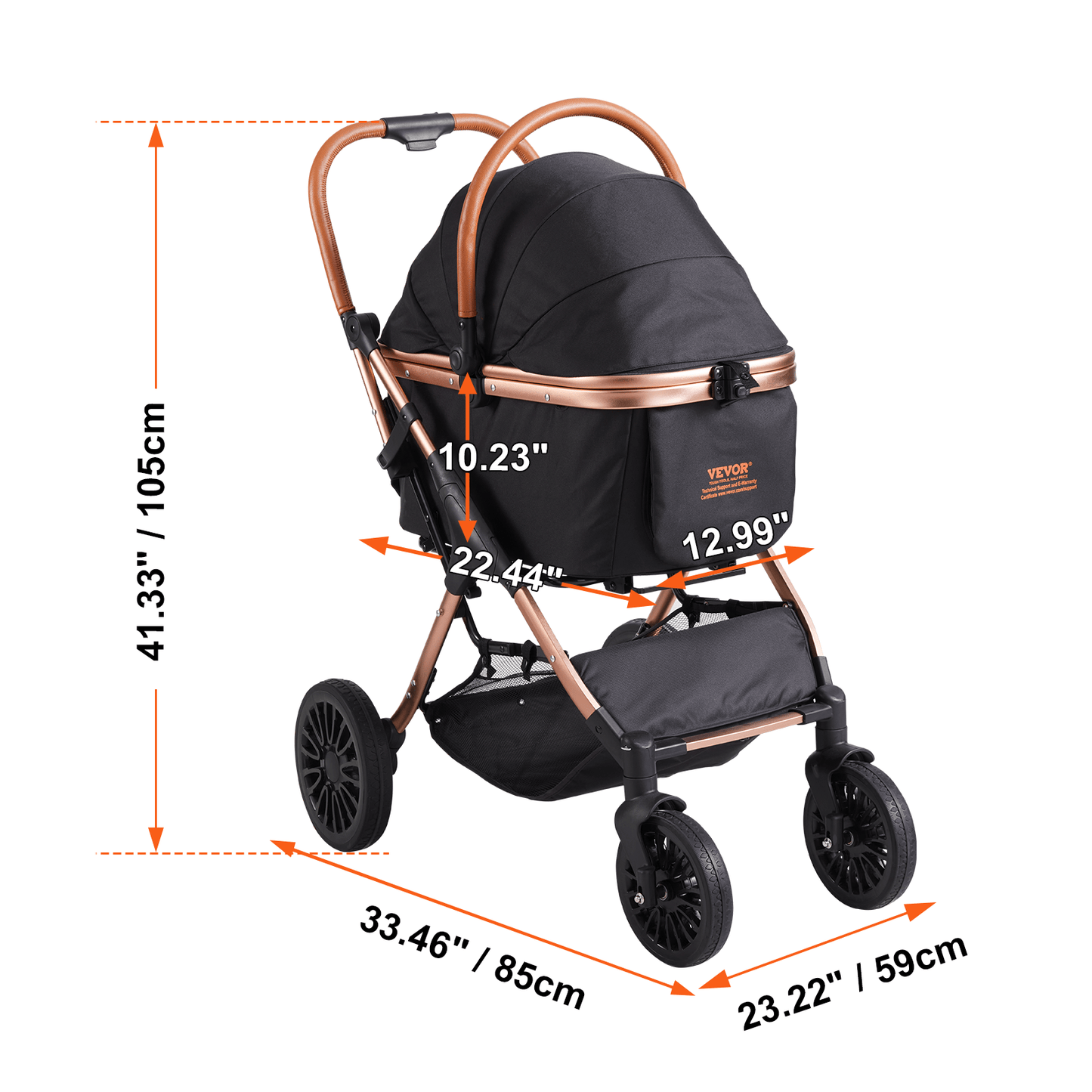 VEVOR Pet Stroller, 3/4 Wheels Dog Stroller Rotate with Brakes, 66/75 lbs Weight Capacity, Puppy Stroller with Detachable Carrier, Storage Basket and Pet Pad, for Small to Medium Sized Dogs, Black