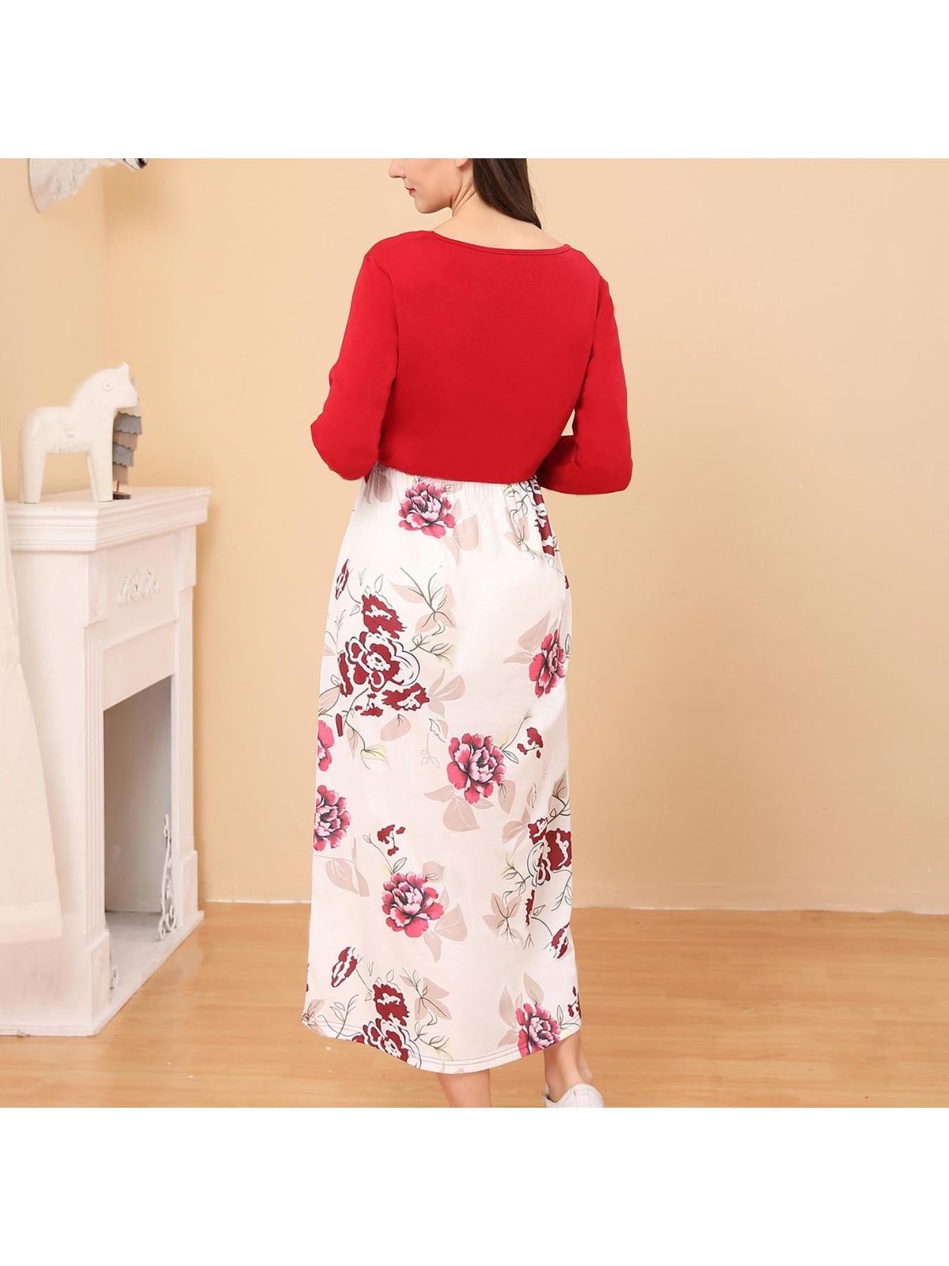Nursing Pregnancy Dress - Dressy Long Sleeve Stretchable Maternity Smock Pencil Dress with Color-Blocking & Loose Fit