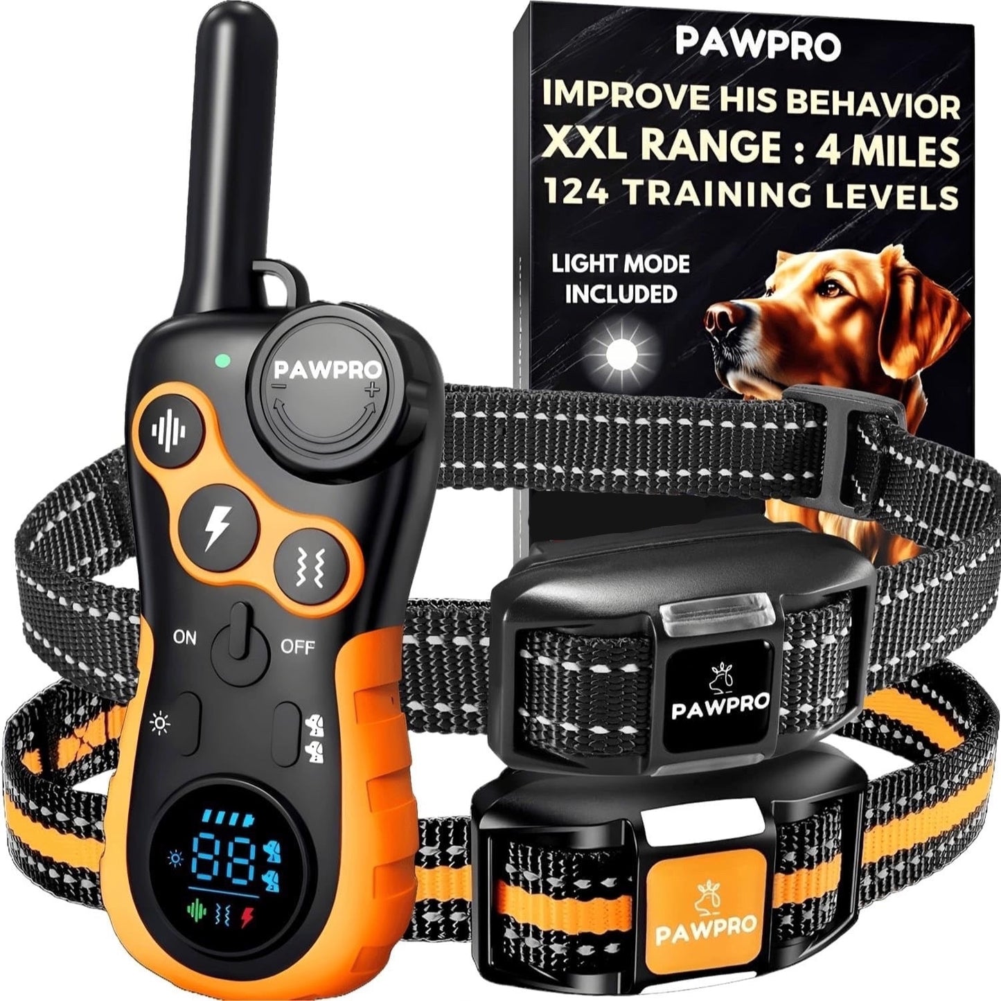 PAWPRO Dog Training Collar with Remote, XXL 4-Mile Unmatched Range for Maximum Control, Night-Light Mode for Safety & Visibility, 124 Adjustable Levels & 4 Safe Training Modes (Beep, Vibration, Shock, Night-Light), Free Exper