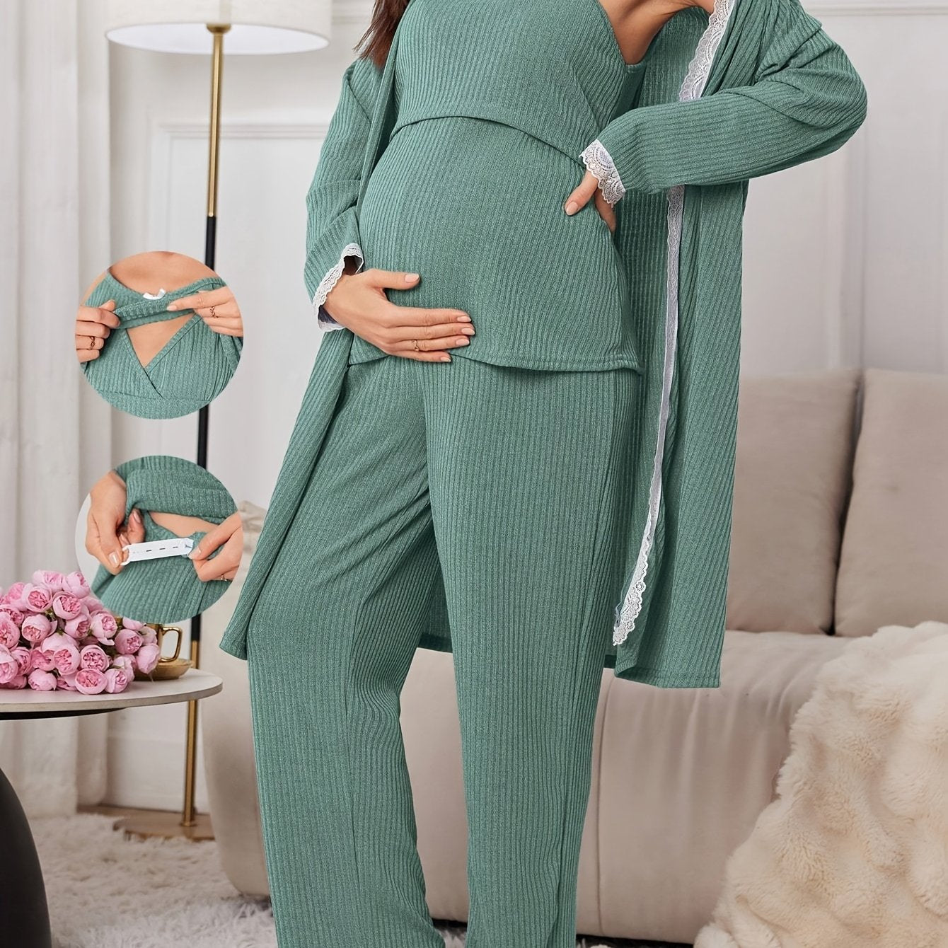 Nursing Maternity - 3pcs Pajama Set, Soft and Comfy Spaghetti Strap Breastfeeding Top and Pant with Delicate Lace Trim Cardigan